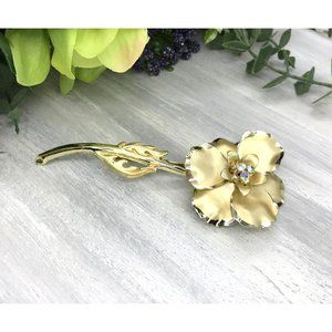Vintage Brooch Gold Toned Stemmed Flower With AB Rhinestones